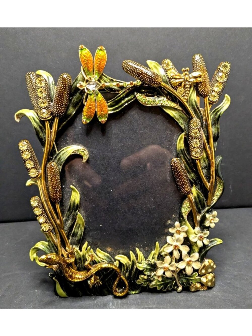 Z Gallerie Crystal Enamel Dragonfly & Lizard Rhinestone Picture Frame 6" X 5.25"